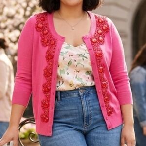 ​Kate Spade NY Pink Jeweled Embellished Cardigan XL 100% Cotton